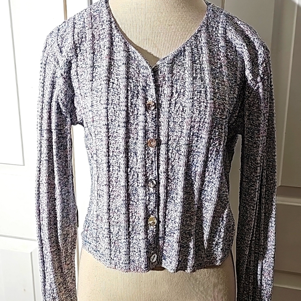 Reba Rose crop sweater long sleeves. 100% cotton.  Gray with flecks of blue/pink